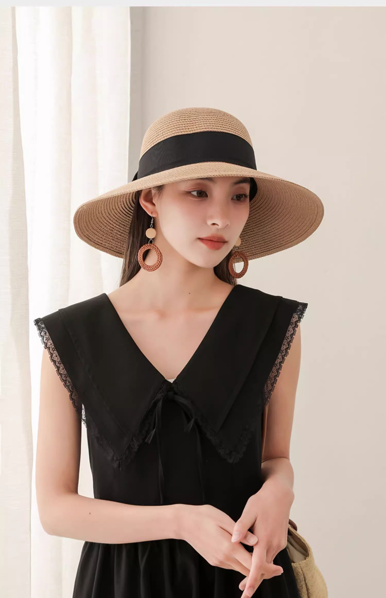 2025New Straw Sun Hat Wide Brim Beach Hat with Black Bow